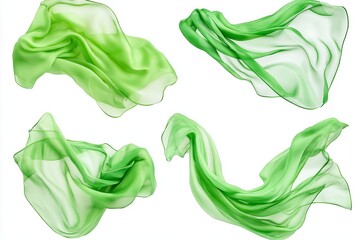Poster - Four pieces of flowing green fabric isolated on a white background in a studio shot setting image