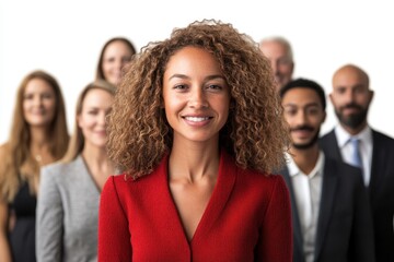 Poster - Group of confident professionals standing together in an office setting, showcasing teamwork and collaboration during a business event in the afternoon