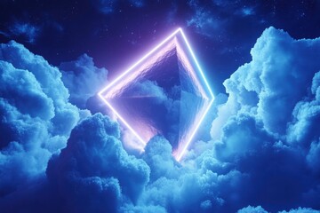 Poster - Illuminated pyramid structure floating among vibrant clouds at night with glowing edges under a starry sky