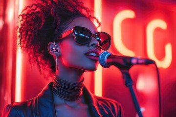 Fototapete - Striking portrait of a young woman with flowing hair against a vibrant red background, capturing the essence of confidence and creativity in an artistic environment