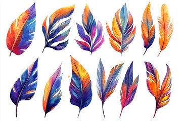 Poster - Collection of watercolor feathers in vibrant colors on a white background illustration style art