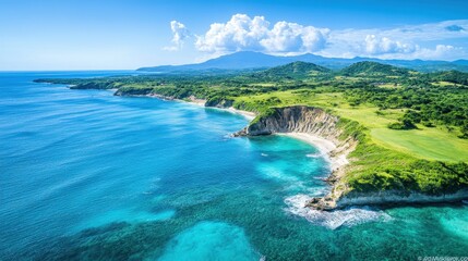 Poster - Coastal landscape featuring cliffs, turquoise waters, and lush greenery under a bright sky in a serene coastal region