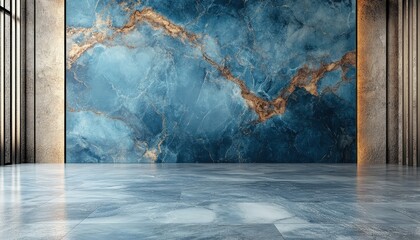 Poster - Decorative blue marble background with golden accents and circular frames for elegant design purposes