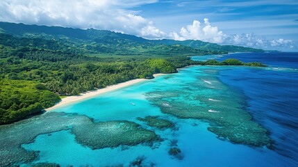 Poster - Coastal landscape featuring cliffs, turquoise waters, and lush greenery under a bright sky in a serene coastal region
