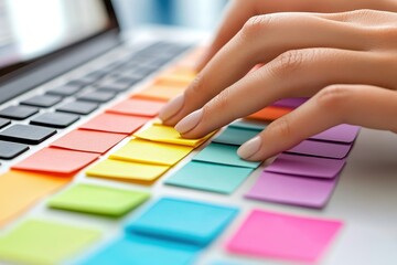 Leinwandbilder - Busy workspace filled with colorful sticky notes and focused individuals typing on laptops during a collaborative project session