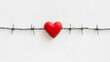 © A2Z AI  - A vulnerable, red, heart-shaped object suspended on a length of barbed wire symbolizes restricted love and the pain and barriers that relationships can face.