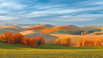 Aufkleber - Vibrant autumn colors fill rolling hills in a countryside landscape during daytime with varying shades of orange and green under a dramatic sky