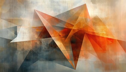 Fototapete - Colorful abstract composition displaying dynamic geometric shapes in shades of orange, red, and gray evocative of modern art installations