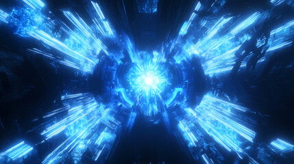 Wall Mural - A radiant burst of blue light beams converging towards a central point, creating a high-speed tunnel effect for sci-fi, futuristic, and technology-themed designs. Radiant Warp. Illustration