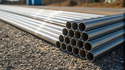 Poster - Gleaming stainless steel pipes resting on gravel ground, positioned for upcoming infrastructure project, representing industrial construction preparation and engineering materials