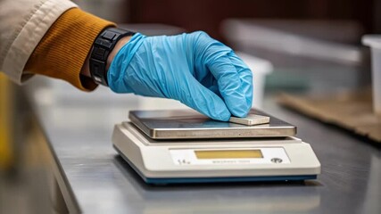 Aufkleber - Laboratory technician wearing blue gloves carefully places a small, solid sample onto a digital scale for precise measurement, ensuring accuracy in a scientific experiment
