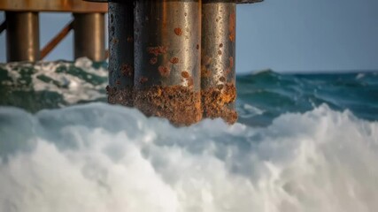Poster - Turbulent ocean waves surging against weathered rusty pier pillars, generating intense white foam while revealing raw natural power and maritime energy