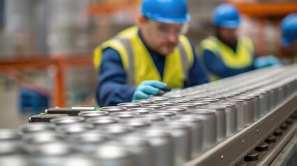 Poster - Quality control personnel wearing safety vests and hard hats are inspecting aluminum cans moving along a conveyor belt inside a food processing and canning plant