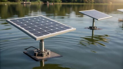 Aufkleber - Compact photovoltaic panels floating on serene lake surface, generating clean renewable energy and representing innovative sustainable power production strategies