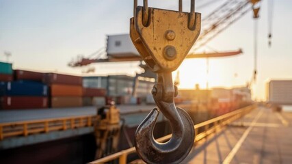 Poster - Close up view of a crane hook hanging in a shipping port at sunset, with cargo ships and containers in the background, creating a vibrant industrial scene