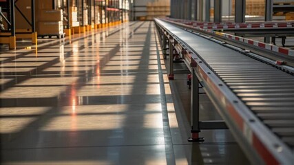 Aufkleber - Bright sunlight streaming through large windows, casting dramatic shadows across pristine warehouse interior with operational conveyor belt running through empty industrial space