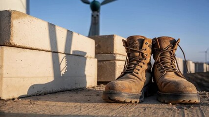 Poster - Brown leather work boots resting on ground near concrete construction blocks, casting elongated shadows under bright afternoon sunlight at wind turbine building location
