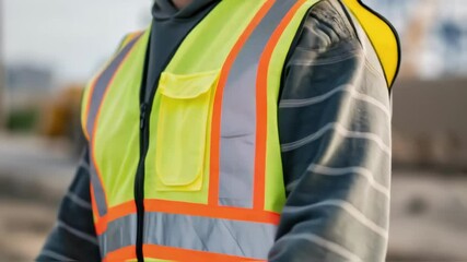 Aufkleber - Close up of a construction worker wearing a high visibility safety vest on a construction site, ensuring safety and compliance with regulations