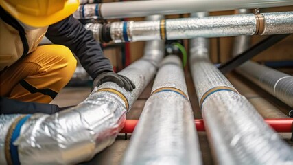 Aufkleber - Maintenance professional wearing protective gear examining insulated hvac pipes inside mechanical infrastructure, ensuring system functionality and energy efficiency