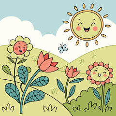 Wall Mural - Magical Spring Day with Talking Flowers and Laughing Sun Characters
