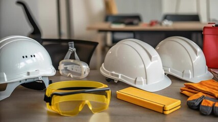 Aufkleber - A closeup of various safety equipment laid out on a workbench including helmets gloves and a firstaid kit emphasizing preparedness for any situation.