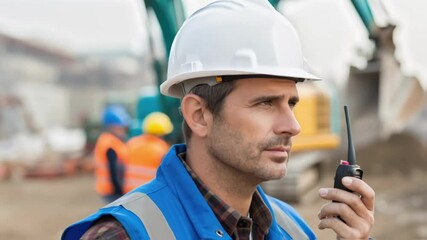 Fototapete - A medium closeup of a construction foreman communicating through a walkietalkie with a blurred background of workers and equipment actively engaged in construction.