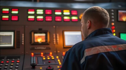 Fototapete - A medium closeup of a control panel featuring various s and screens with an operator focused on initiating a fire suppression test illuminated by soft LED lights.