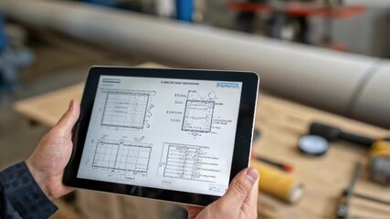 Aufkleber - A medium closeup of an engineer reviewing schematic diagrams on a tablet with a segment of a gas pipeline visible in the background illustrating the planning aspect of maintenance.