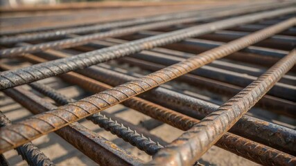 Aufkleber - A zoomedin view of the strands of steel tendons before they are tensioned revealing the rough texture and intricate patterns as they lay in parallel beneath the form ready for