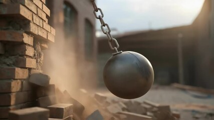 Poster - Closeup of a wrecking ball swinging through the air captured just before impact with a factory structure the force of the metal sphere poised to shatter aged bricks.