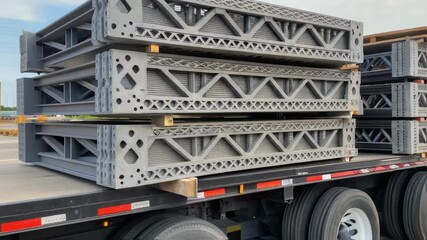 Aufkleber - Medium closeup of modular bridge sections stacked on a flatbed trailer revealing intricate designs and the complexity of the materials used.