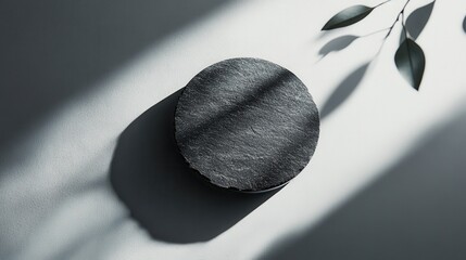 Fototapete - Elegant black bowl on a minimalist surface illuminated by natural light with soft shadows, creating a serene and modern atmosphere in a contemporary setting