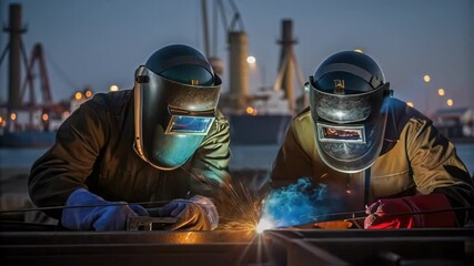 Poster - Two industrial welders wearing protective helmets are joining metal beams using specialized equipment, creating bright sparks and smoke against the backdrop of a busy port at dusk