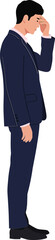 Poster - Businessman in a navy suit standing with hand on forehead in a thoughtful pose, minimal flat vector art