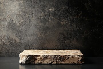 Poster - Stone podium on a dark surface with a textured dark background for product display and presentation