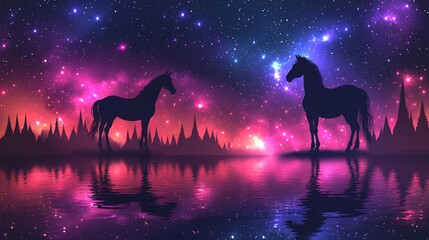 Wall Mural - Two horses silhouetted against a vibrant, starry night sky, reflected in a calm lake