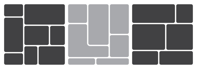 Minimal Black and Grey Bento Grid Layout Vector Set with Transparent Background, Modular Abstract Collage Design Templates, Editable UI Wireframe Bento Boxes for Modern Web Layouts and Social Media