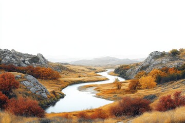 Poster - Autumn landscape with vibrant trees and a serene river reflecting mountains and clouds in the distance
