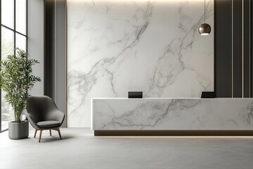 Poster - A reception area with marble wall, desk, chair, and plant in a modern and minimalist design setting look 100