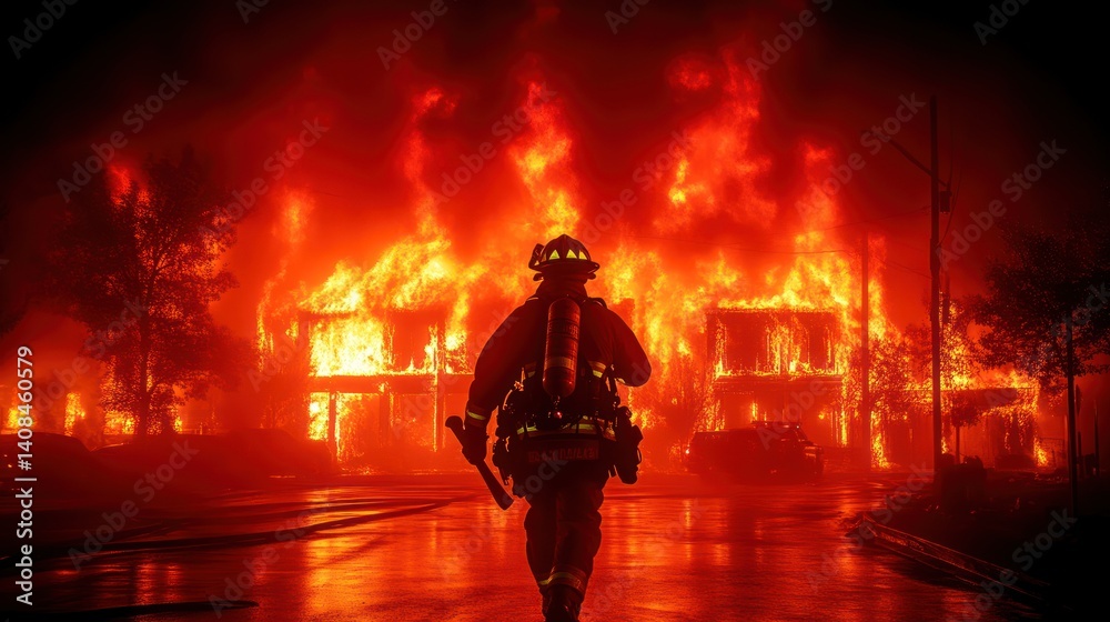 Emergency Rspi Stock-Foto „Firefighter Battling Intense Urban Blaze at Night Dramatic ...
