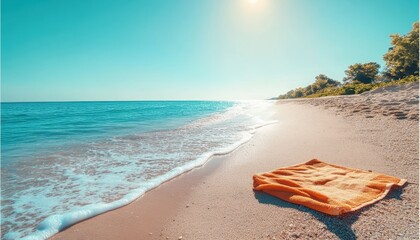 Poster - Relaxing beach day at a serene coastline with soft waves and sunlit sky