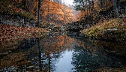 Poster - Autumn landscape with a calm river reflecting orange trees in a serene forest setting during early morning light
