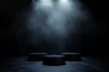 Poster - three black podiums illuminated by spotlights in a dark smoky and atmospheric environment scene
