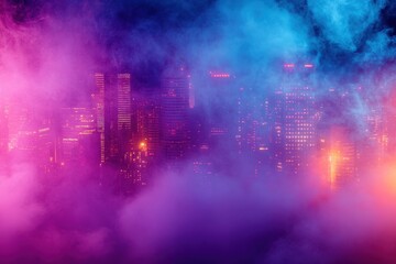 Aufkleber - Vivid sunset clouds illuminated by city skyscrapers under vibrant hues of pink and purple in an urban skyline