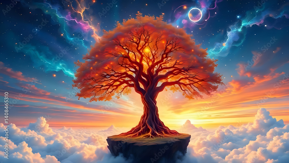 A Majectic, Glowing Tree with Fiery Roots and Branches, Standing on a ...