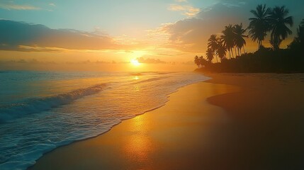 Poster - Beautiful sunset on a serene beach with gentle waves and silhouettes of palm trees, creating a tranquil atmosphere at twilight