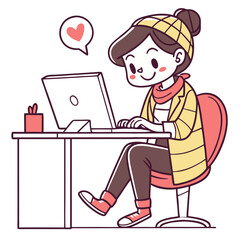 Poster - A cheerful girl in a yellow sweater and beanie sits comfortably at her office desk, intently working on her computer with a joyful expression. It is daytime, and she seems engaged in her tasks