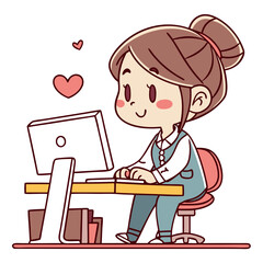 Poster - A cheerful girl is focused on her computer work in a bright office setting. Surrounded by books, she looks happy and productive as she types away, filled with positivity and enthusiasm