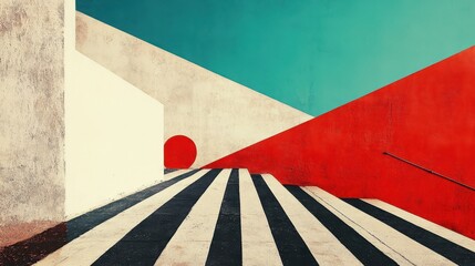 Aufkleber - Bold geometric shapes contrast under a vibrant sky in an urban setting during midday providing a striking visual experience of modern art and architecture