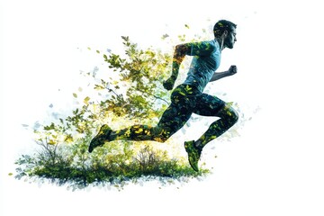 Aufkleber - Runner in nature expresses movement through a creative double exposure technique, blending athleticism with vibrant forest elements during a daylight outdoor setting